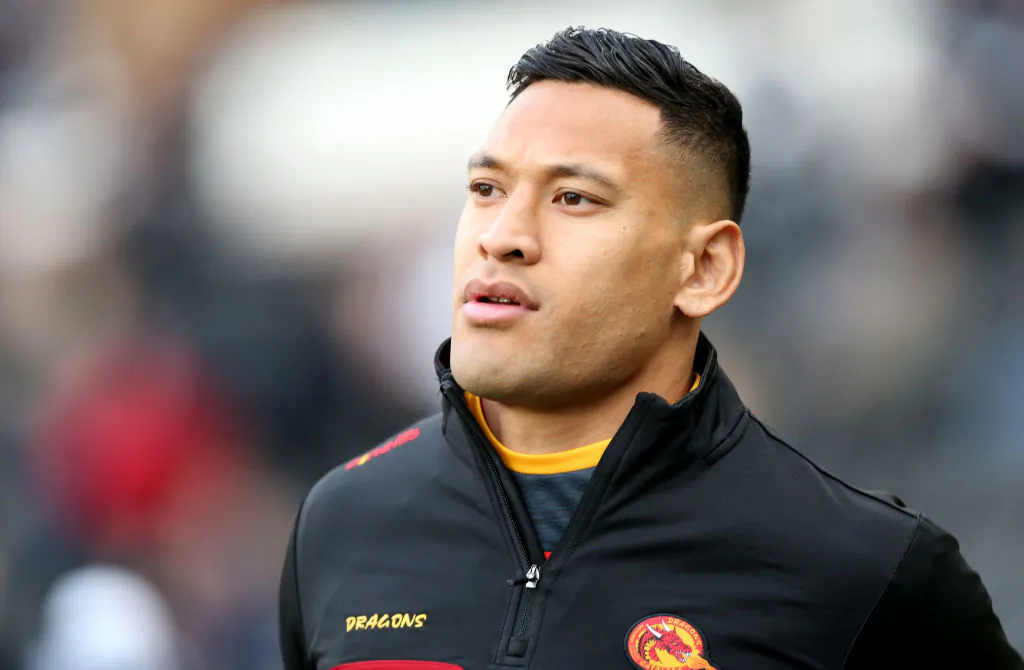 Israel Folau of Catalans Dragons warms up prior to the Betfred Super League match between Hull FC and Catalan Dragons at KCOM Stadium in Hull, England on March 1, 2020. (Nigel Roddis/Getty Images)