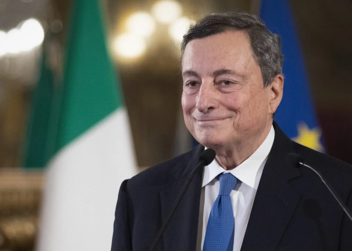 Mario Draghi, former head of the European Central Bank looks on at the Quirinal palace after a meeting with the Italian president in Rome on Feb. 3, 2021. (Alessandra Tarantino/POOL/AFP via Getty Images)