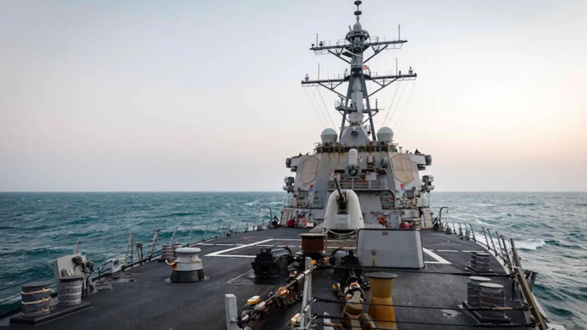 The Arleigh Burke-class guided-missile destroyer USS John S. McCain (DDG 56) transits through South China Sea while conducting routine underway operations on Feb. 5, 2021. (Mass Communication Specialist 2nd Class Markus Castaneda/U.S. 7th Fleet)