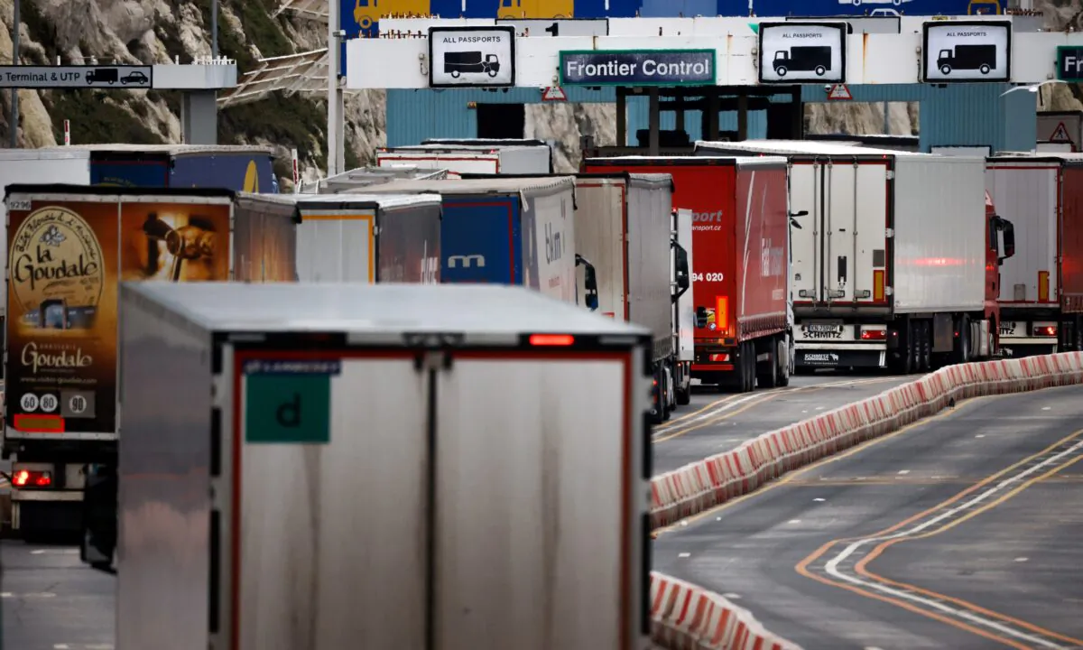 Lorries queue in at the border control of the Port of Dover, following the end of the Brexit transition period, in Dover, Britain, on Jan. 15, 2021. (John Sibley/Reuters)