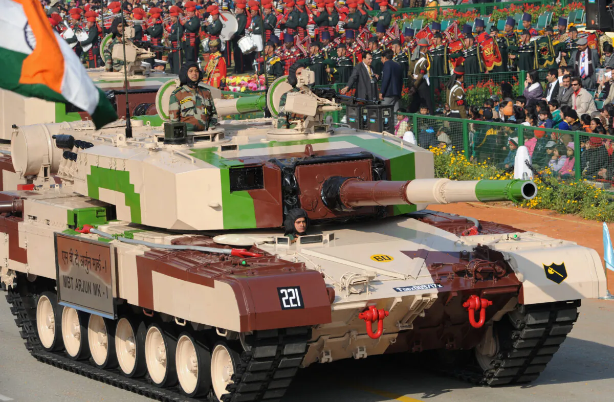 India's indigenously built battle tank Arjun rolls down the ceremonial boulevard Rajpath during the Republic Day parade in New Delhi on Jan. 26, 2013. (RAVEENDRAN/AFP via Getty Images)