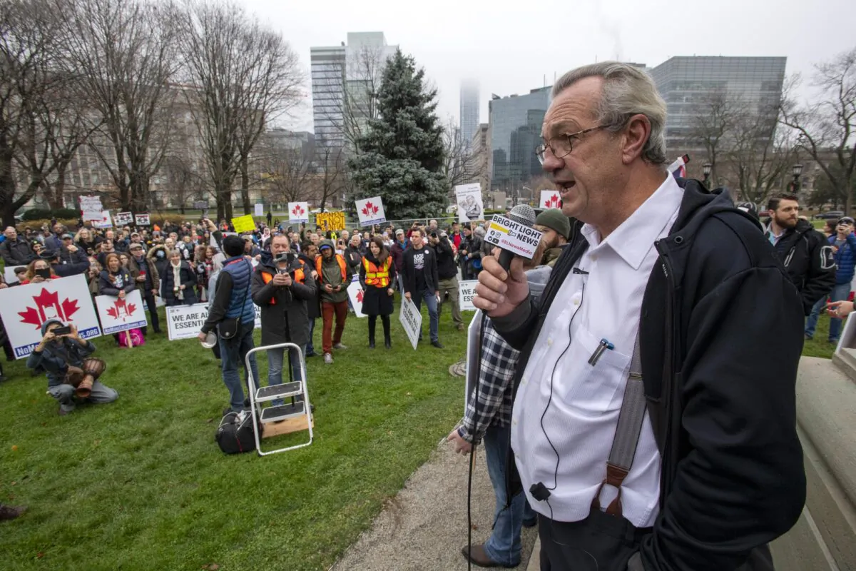 Then-Ontario Independent MPP Randy Hillier speaks to lockdown protesters at the Ontario Legislature in Toronto on Nov. 26, 2020. (Frank Gunn/The Canadian Press)