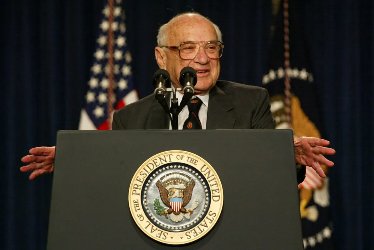 Milton Friedman, recipient of the 1976 Nobel Prize for economic science, speaks during a White House event in Washington on May 9, 2002. (Alex Wong/Getty Images)