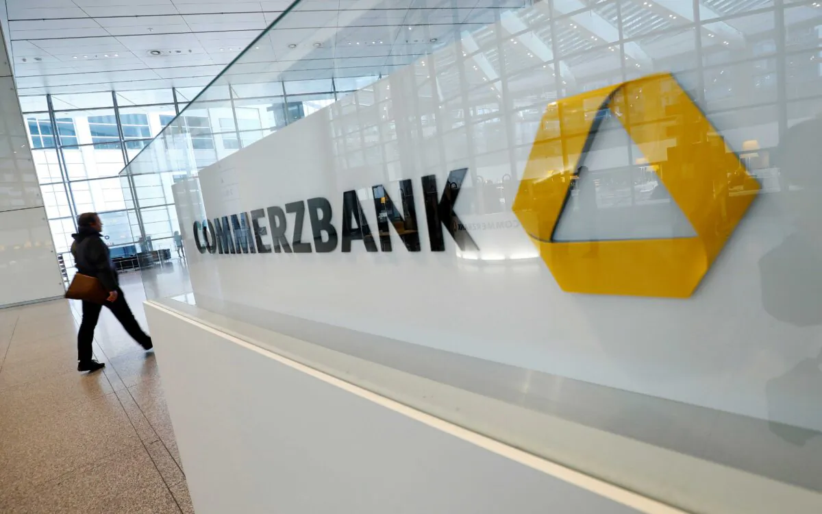 A company logo is pictured at the headquarters of Germany’s Commerzbank AG in Frankfurt, Germany, on Feb. 13, 2020. (Ralph Orlowski/Reuters)