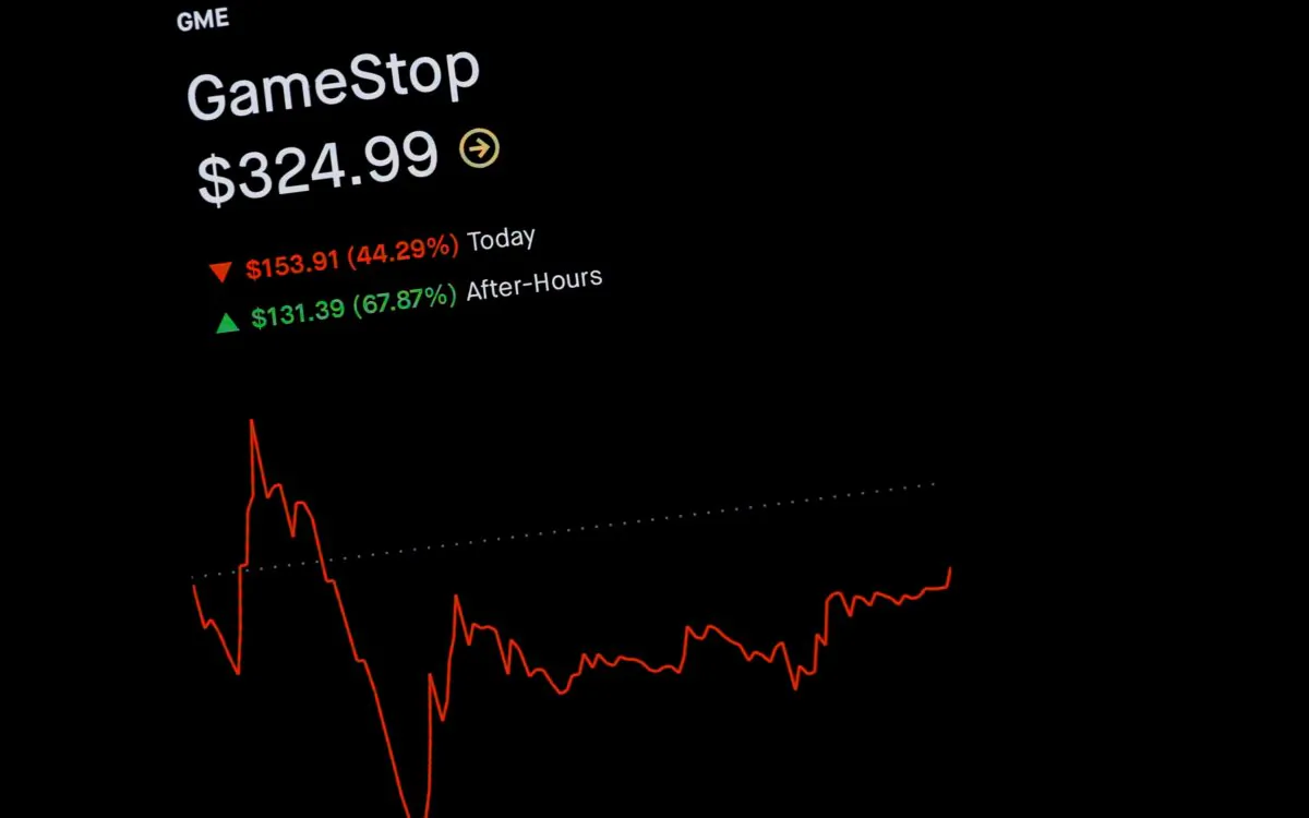 Trading information for GameStop is displayed on the Robinhood App in this photo illustration on Jan. 29, 2021. (Brendan McDermid/Reuters)