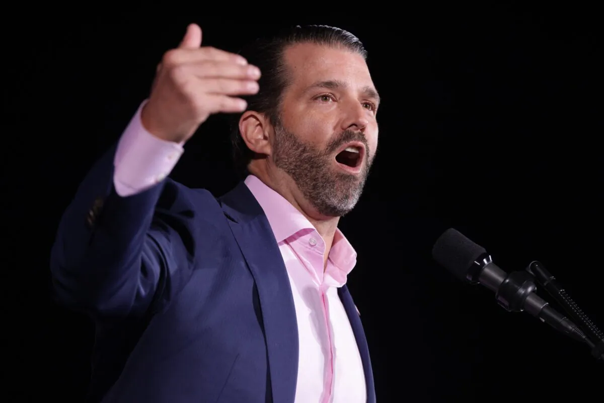 Donald Trump Jr., son of former President Donald Trump, speaks during a Republican National Committee Victory Rally at Dalton Regional Airport in Dalton, Ga., on Jan. 4, 2021. (Alex Wong/Getty Images)