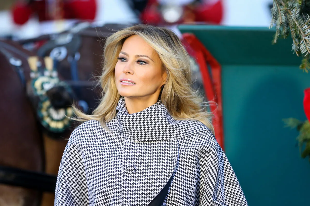 First Lady Melania Trump during an inspection of the 18.5-foot Fraser fir Christmas tree for the White House Blue Room, outside the White House in Wash., on Nov. 23, 2020. (Charlotte Cuthbertson/The Epoch Times)