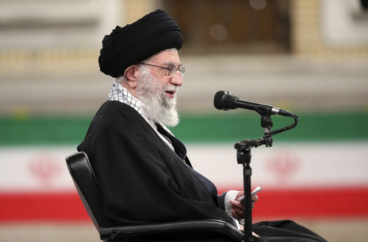 Iranian Supreme Leader Ayatollah Ali Khamenei speaks during a meeting with army's air force and air defense staff in Tehran, Iran, on Feb. 7, 2021. (Office of the Iranian Supreme Leader via AP)