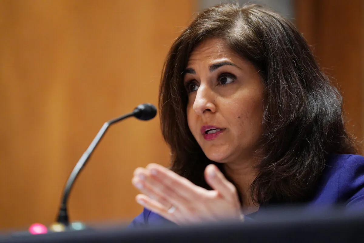 Neera Tanden, nominee for Director of the Office of Management and Budget, speaks during a confirmation hearing before the Senate Homeland Security and Government Affairs Committee in Washington, D.C., on Feb. 9, 2021. (Leigh Vogel/Pool/Getty Images)