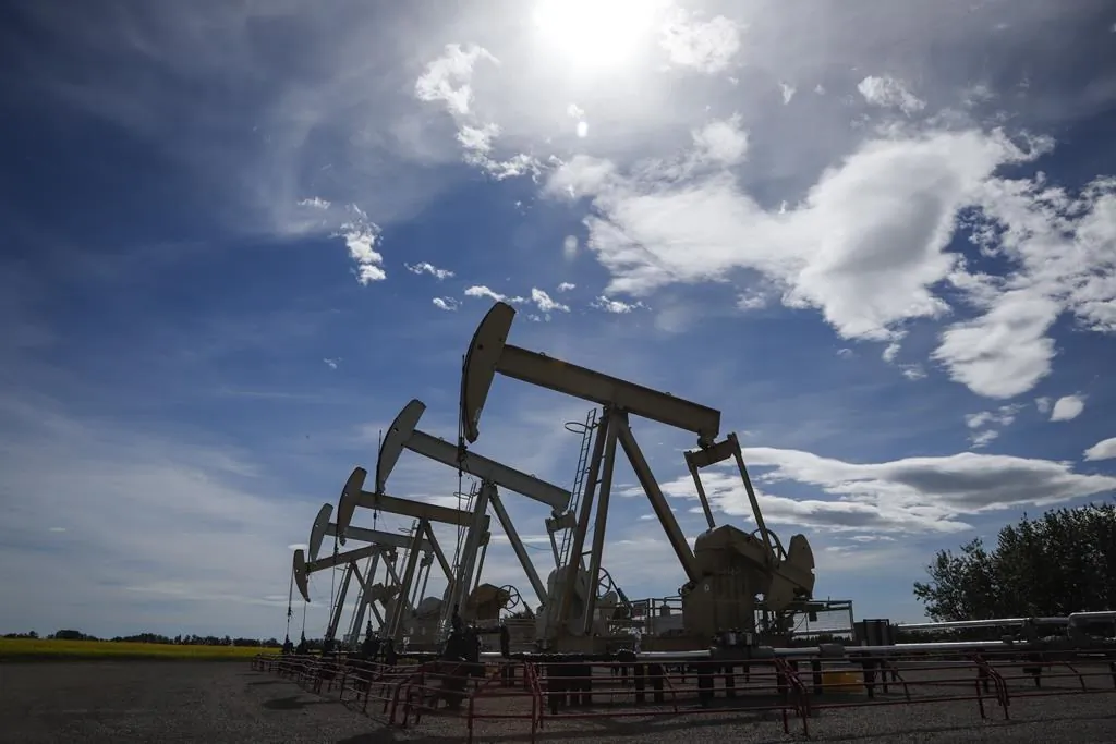 Pumpjacks draw oil out of the ground near Olds, Alta., July 16, 2020. (Jeff McIntosh/The Canadian Press)