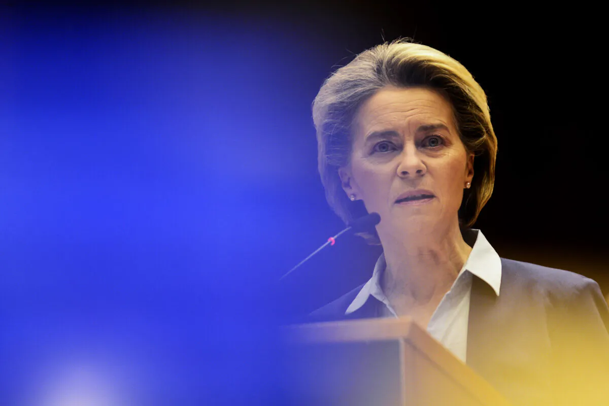European Commission President Ursula von der Leyen speaks during a debate on the united EU approach to COVID-19 vaccinations at the European Parliament in Brussels, on Feb. 10, 2021. (Johanna Geron/Pool via AP)