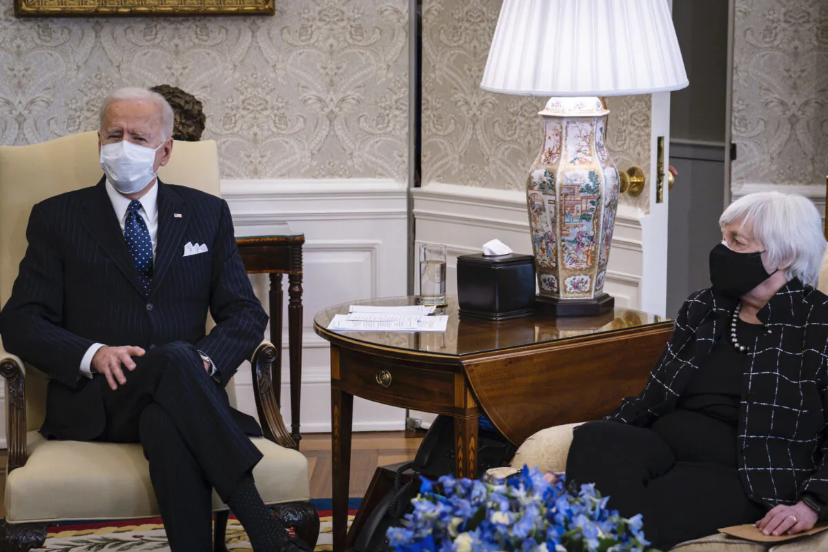 Secretary of the Treasury Janet Yellen looks on as President Joe Biden and Vice President Kamala Harris meet with business leaders about the critical need for the American Rescue Plan at the White House on Feb. 9, 2021. (Pete Marovich/Pool/Getty Images)