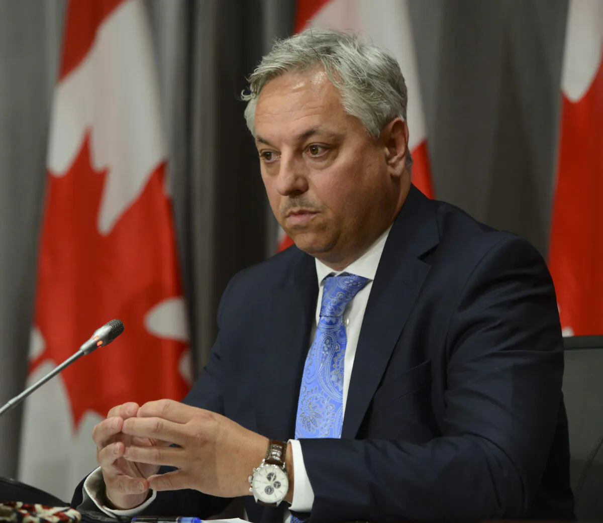 CSIS director David Vigneault holds a press conference on Parliament Hill in Ottawa on July 16, 2020. (The Canadian Press/Sean Kilpatrick)