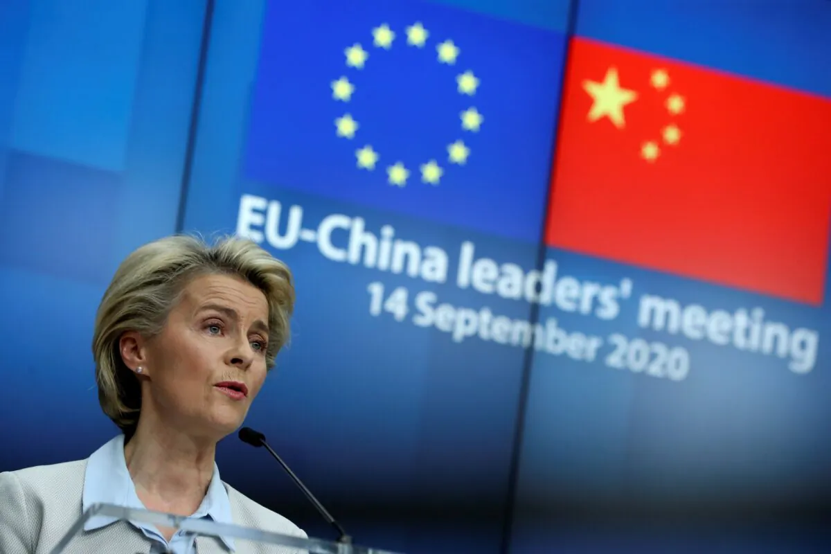 European Commission President Ursula von der Leyen is at a news conference after a virtual summit with Chinese leader Xi Jinping in Brussels, Belgium, on Sept. 14, 2020. (Yves Herman/Pool/AFP via Getty Images)