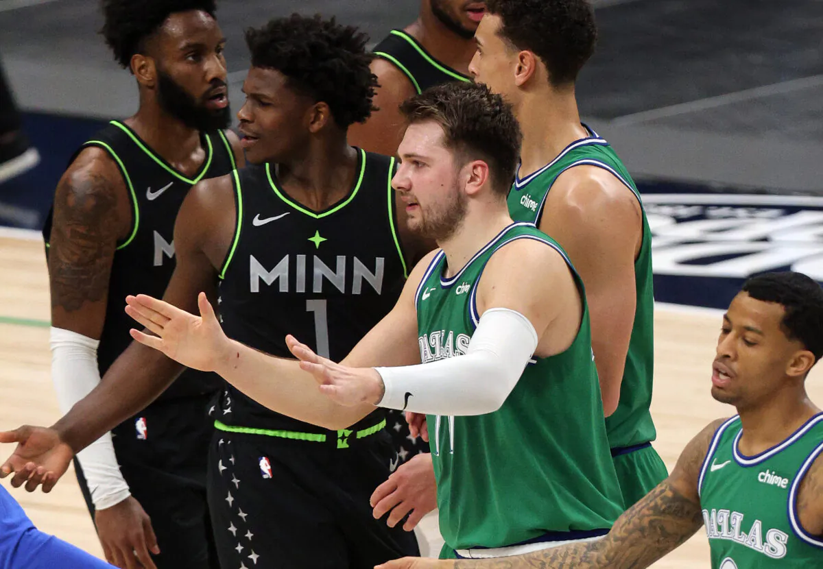 Luka Doncic #77 of the Dallas Mavericks reacts during play against the Minnesota Timberwolves in the second quarter at American Airlines Center in Dallas, Texas, on Feb. 8, 2021. (Ronald Martinez/Getty Images)