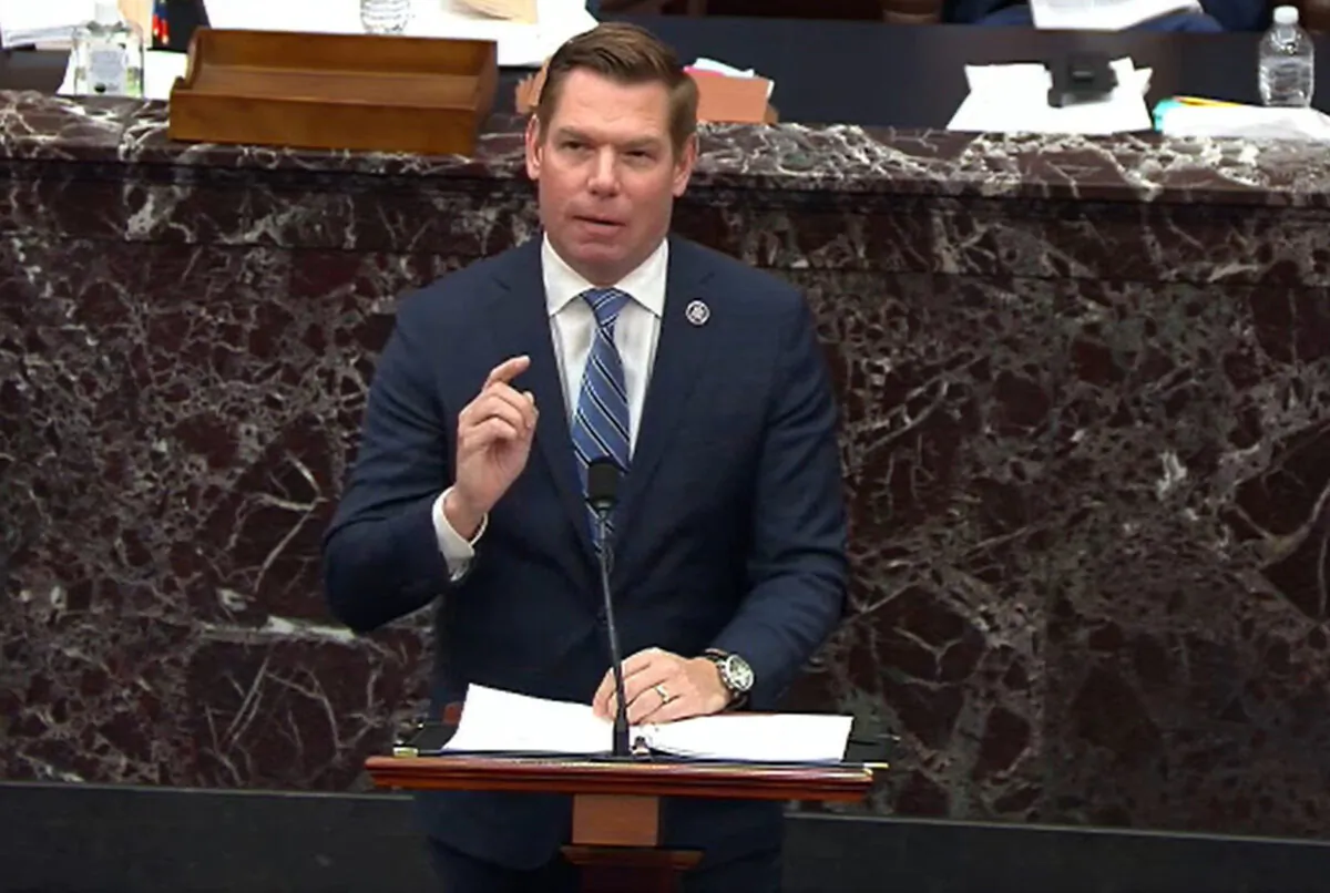 Impeachment manager Rep. Eric Swalwell (D-Calif.) speaks on the second day of former President Donald Trump's second impeachment trial at the U.S. Capitol on Feb. 10, 2021. (congress.gov via Getty Images)