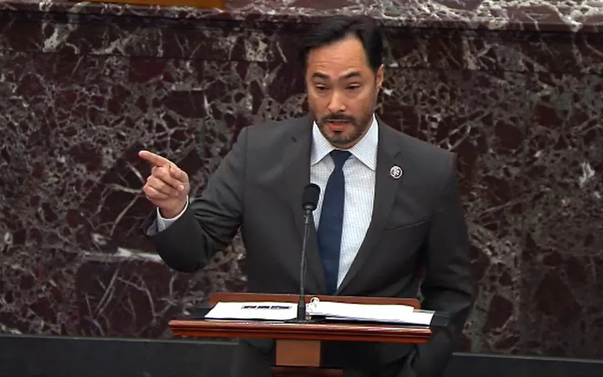 In this screenshot taken from a Congress.gov webcast, Impeachment Manager Rep. Joaquin Castro (D-Texas) speaks on the second day of former President Donald Trump's second impeachment trial at the Capitol in Washington on Feb. 10, 2021. (Congress.gov via Getty Images)