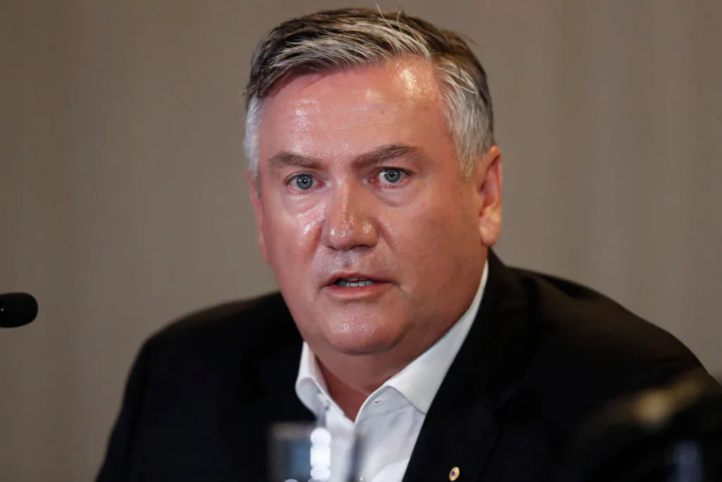 Collingwood President Eddie McGuire speaks to the media at Collingwood Magpies AFL press conference at the Glasshouse Event Space in Melbourne, Australia on Feb. 1, 2021.  (Darrian Traynor/Getty Images)
