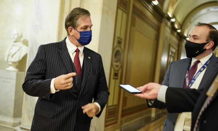 Attorney for former President Donald Trump Bruce Castor speaks to reporters on Capitol Hill in Washington on Feb. 10, 2021. (Joshua Roberts/Pool/AFP via Getty Images)