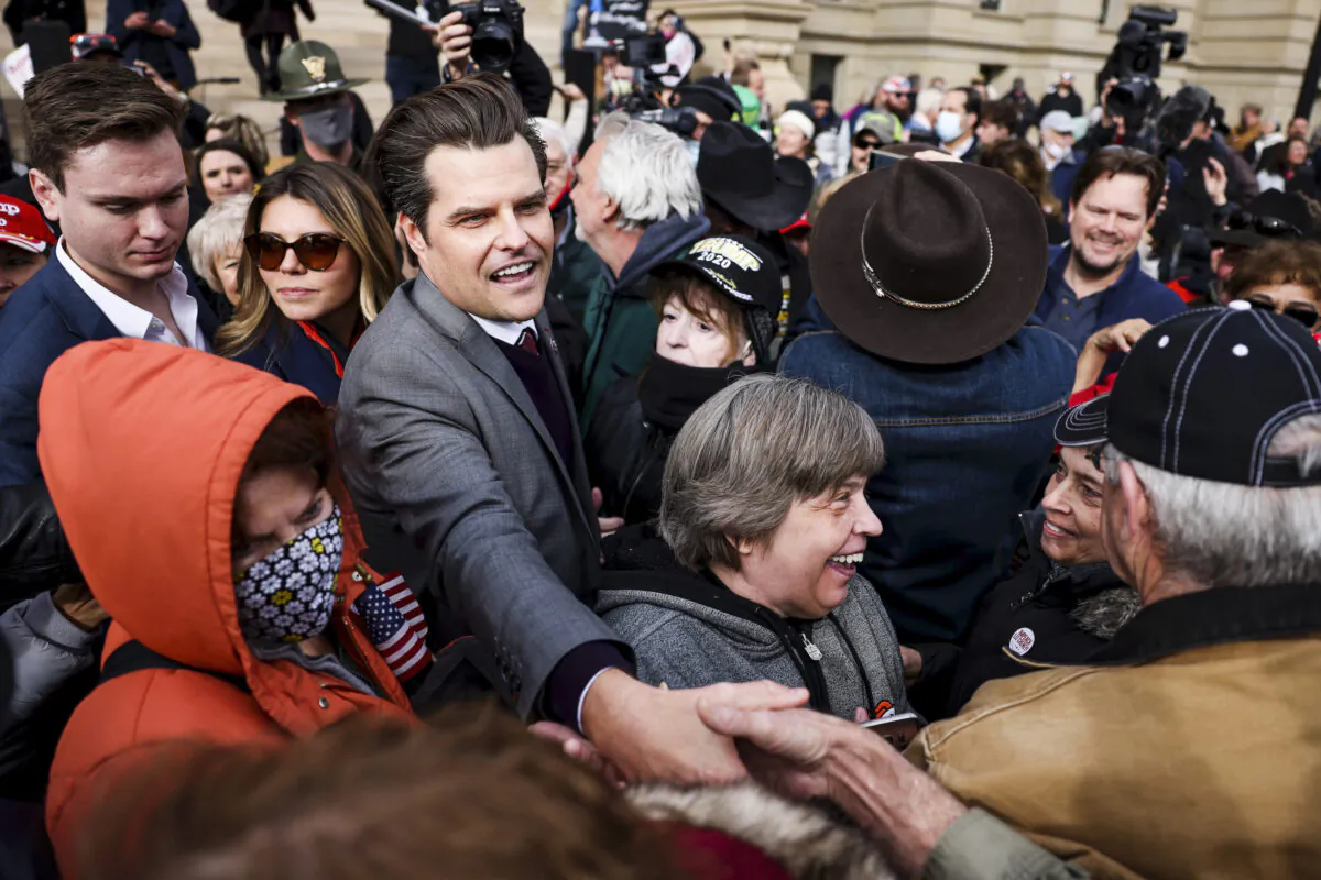 Rep. Matt Gaetz (R-Fla.) greets supporters after speaking to a crowd during a rally in Cheyenne, Wyo., on Jan. 28, 2021. (Michael Ciaglo/Getty Images)