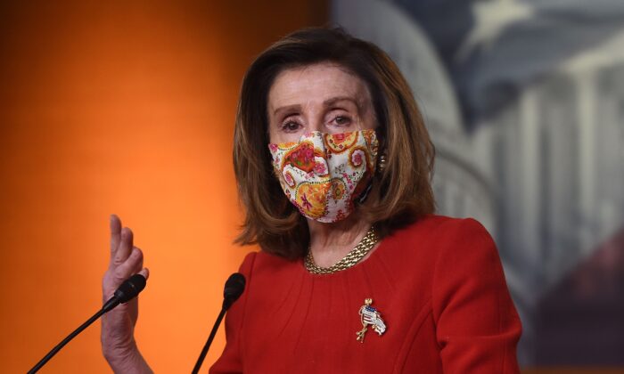 House Speaker Nancy Pelosi (D-Calif.) speaks during a press conference in Washington on Feb. 11, 2021. (Olivier Douliery/AFP via Getty Images)