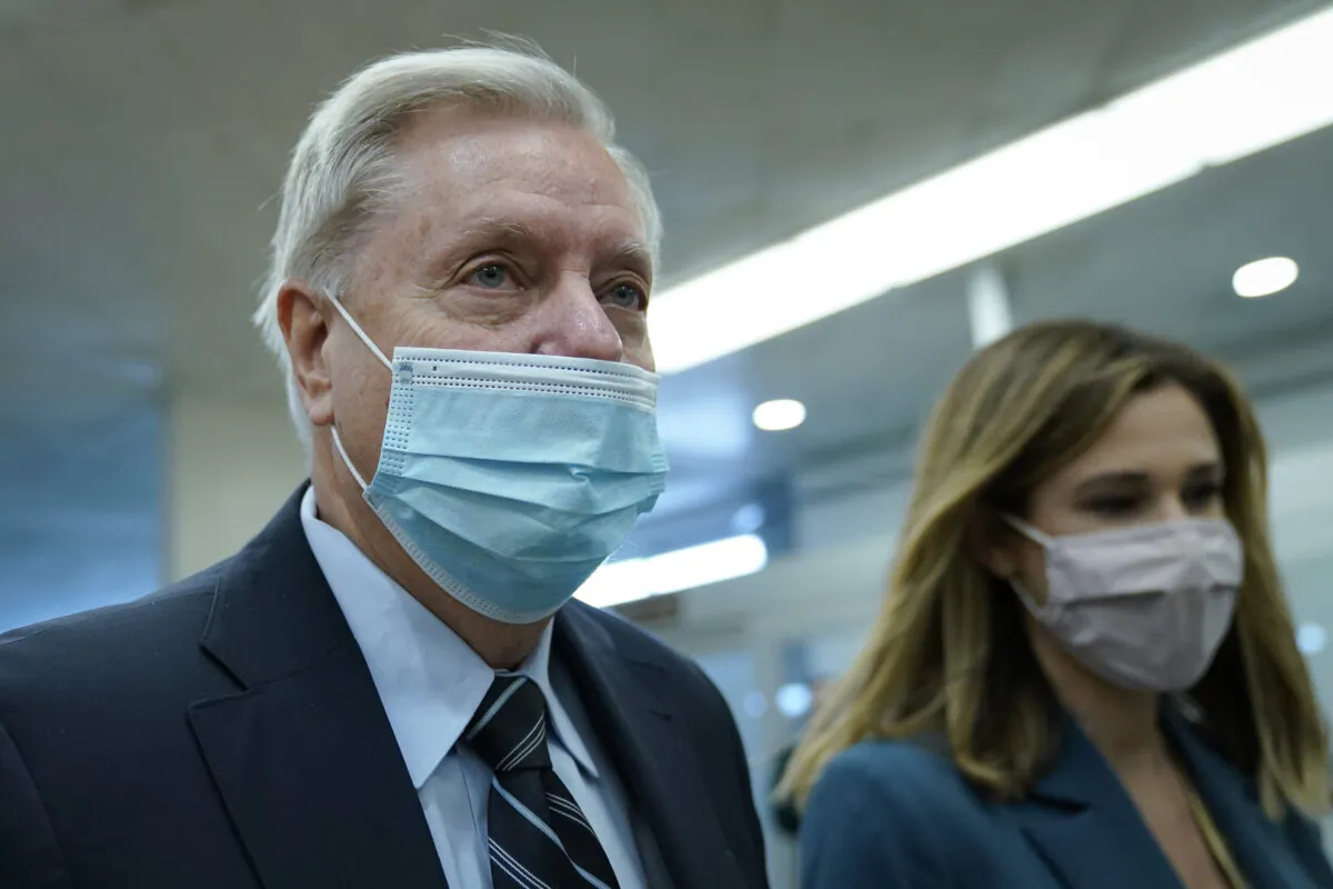 Sen. Lindsey Graham (R-S.C.) walks on Capitol Hill in Washington on Feb. 10, 2021. (Drew Angerer/Getty Images)