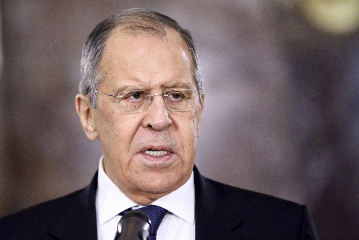 Russian Foreign Minister Sergey Lavrov speaks during a meeting in Moscow, Russia, on Feb. 10, 2021. (Russian Foreign Ministry Press Service via AP)