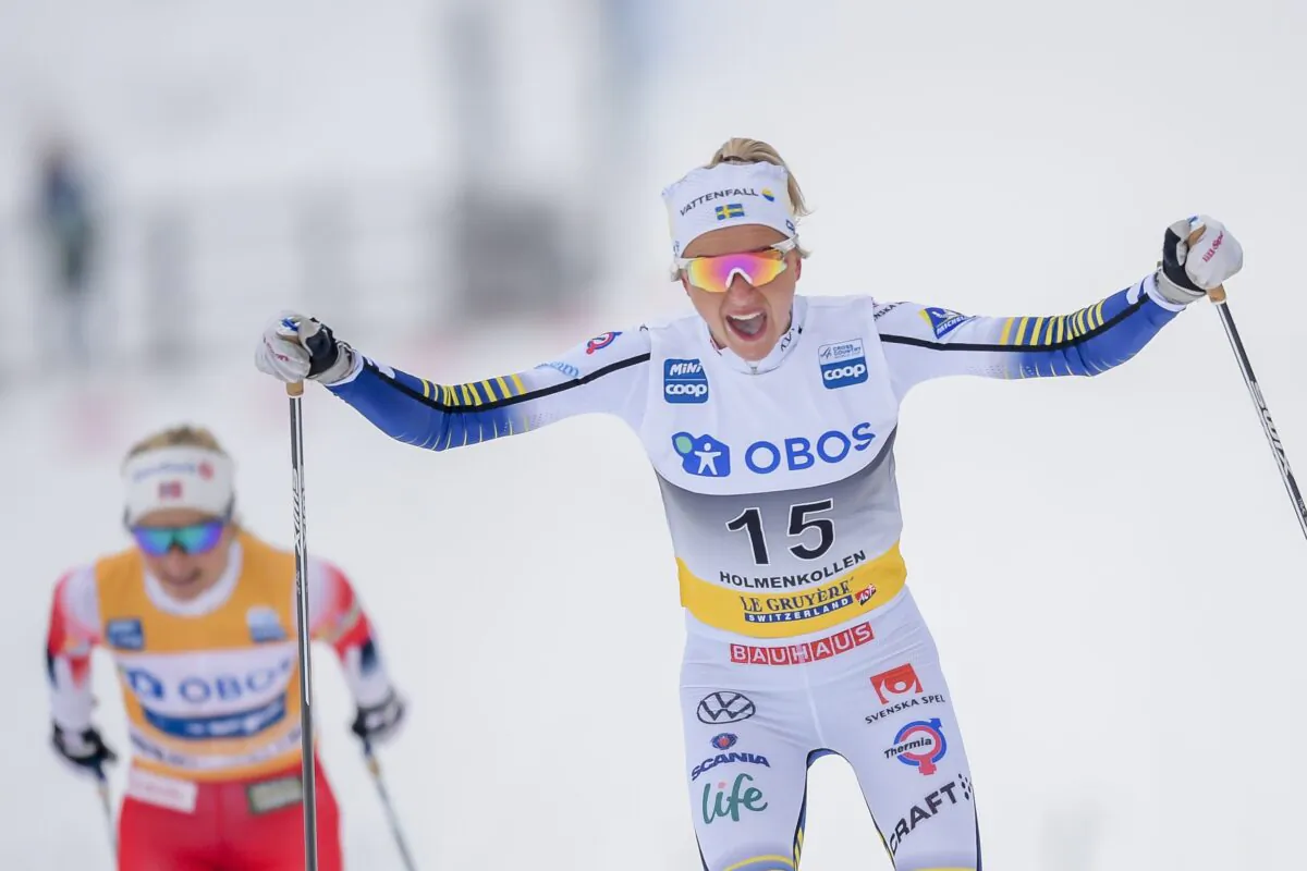 Winner Frida Karlsson (R) from Sweden reacts at the end of the women's 30km classical cross-country skiing race at the FIS World Cup Nordic, in Holmenkollen, Norway, on March 7, 2020. (Annika Byrde/NTB Scanpix/AFP via Getty Images)