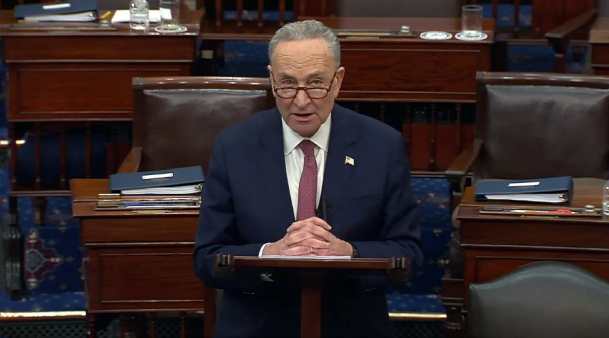 In this image from video, Senate Majority Leader Chuck Schumer (D-N.Y.) speaks after the Senate acquitted former President Donald Trump in his second impeachment trial in the Senate at the U.S. Capitol in Washington on Feb. 13, 2021. (Senate Television via AP)