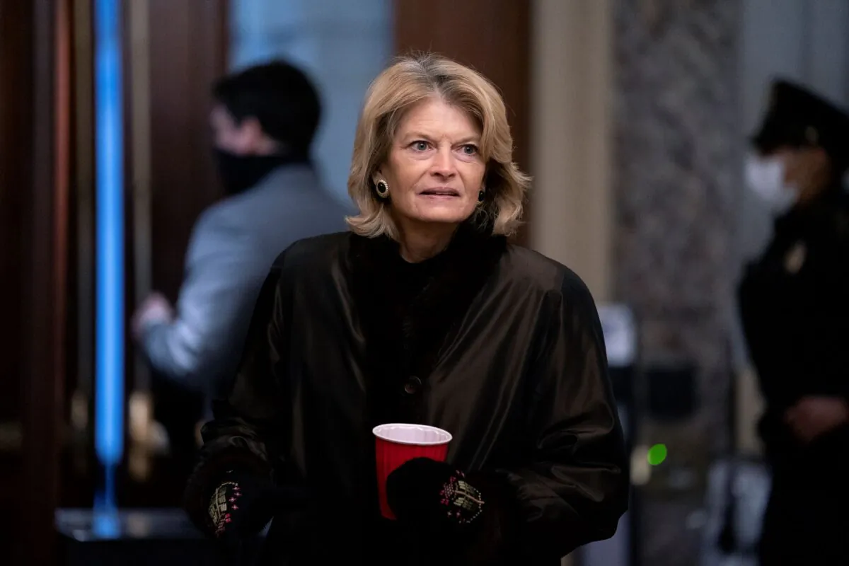 Sen. Lisa Murkowski (R-Alaska) arrives before the fifth day of the Senate Impeachment trials for former President Donald Trump on Capitol Hill on February 13, 2021 in Washington. (Stefani Reynolds/Getty Images)