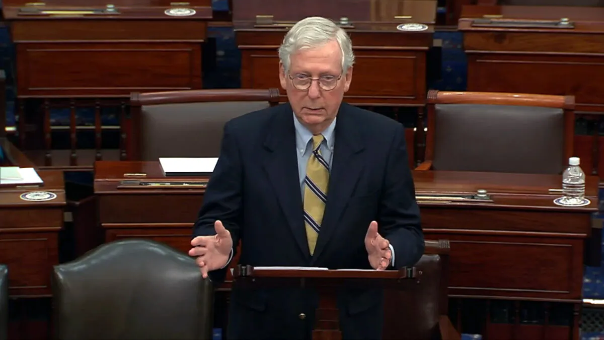 In this image from video, Senate Minority Leader Mitch McConnell (R-Ky.) speaks after the Senate acquitted former President Donald Trump in his second impeachment trial in the Senate at the U.S. Capitol in Washington on Feb. 13, 2021. (Senate Television via AP)