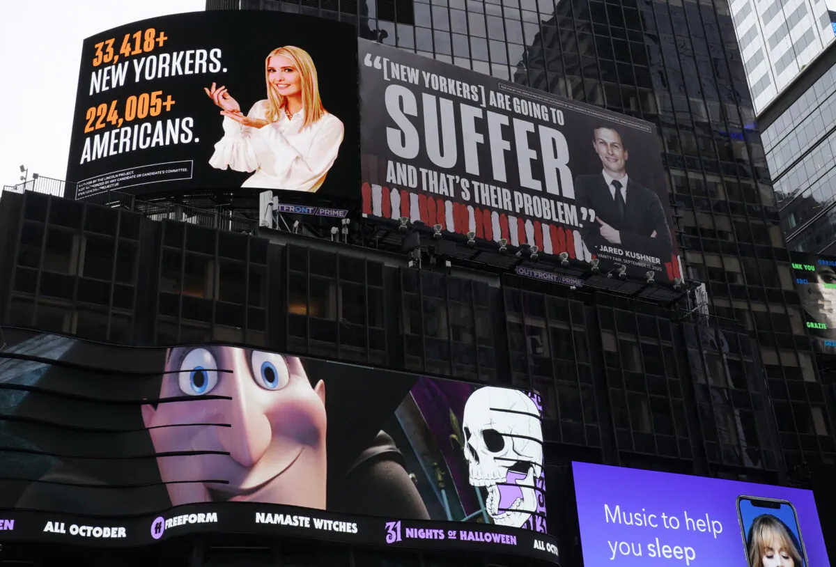 A billboard by The Lincoln Project is seen in Times Square in New York City, N.Y., on Oct. 25, 2020. (Timothy A. Clary/AFP via Getty Images)