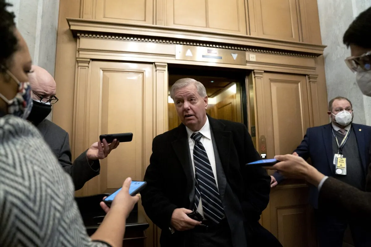 Sen. Lindsey Graham (R-S.C.) speaks with reporters in Washington on Feb. 13, 2021. (Stefani Reynolds/Pool/Getty Images)