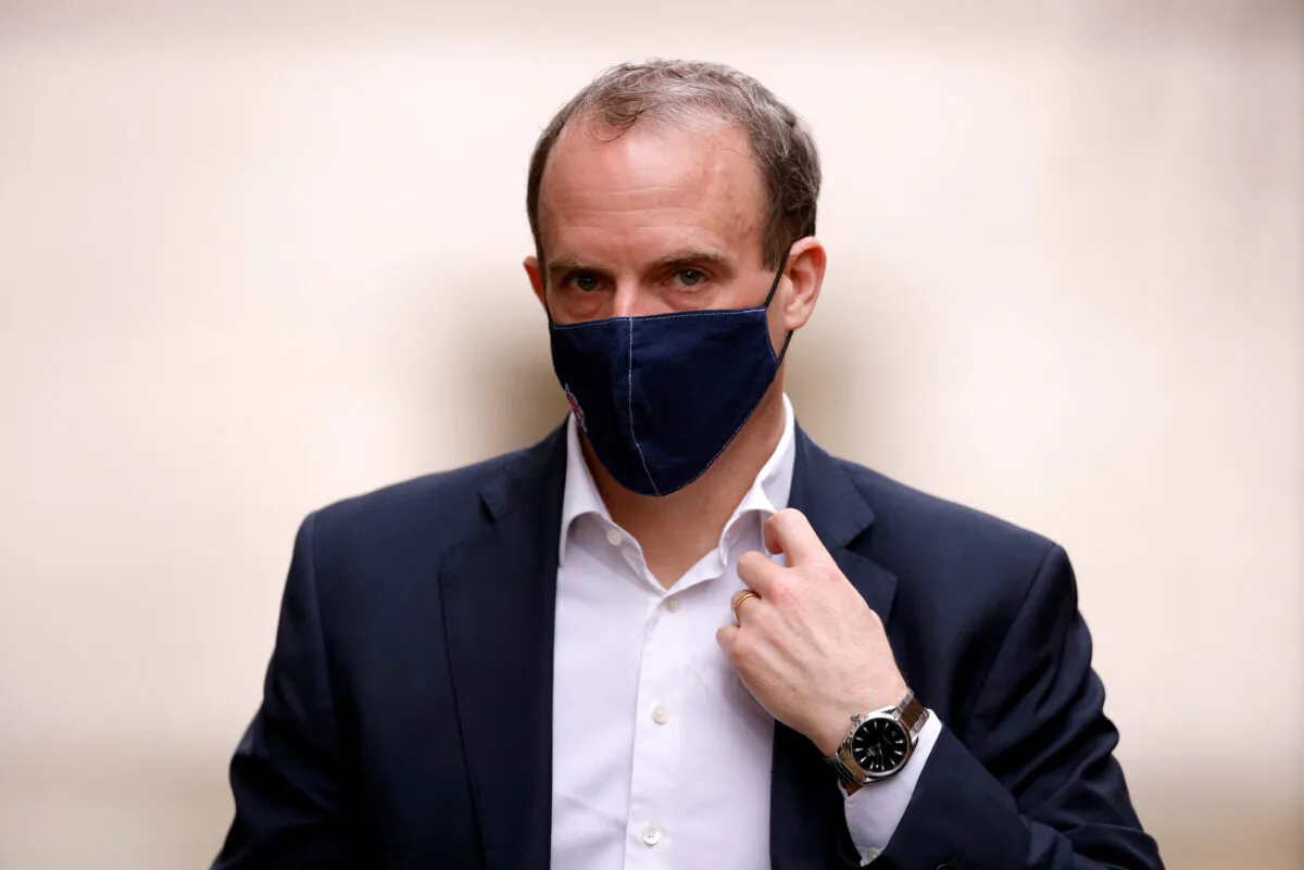 Britain's Foreign Affairs Secretary Dominic Raab in London, Britain, on Feb. 3, 2021. (John Sibley/Reuters)