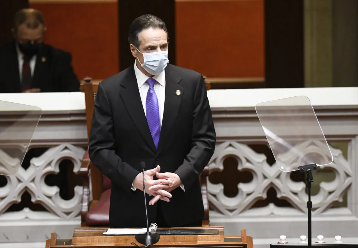 New York Gov. Andrew Cuomo speaks to members of New York state's Electoral College before voting for President and Vice President in the Assembly Chamber at the state Capitol in Albany, N.Y., on Dec. 14, 2020. (Hans Pennink/POOL/AFP via Getty Images)