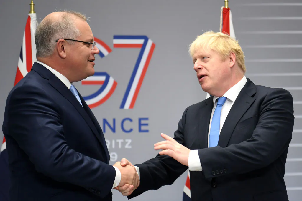 British Prime Minister Boris Johnson (R) meets Australian Prime Minister Scott Morrison (L) for their bilateral talks during the G7 Summit on Aug. 24, 2019 in Biarritz, France. (Neil Hall- Pool/Getty Images)