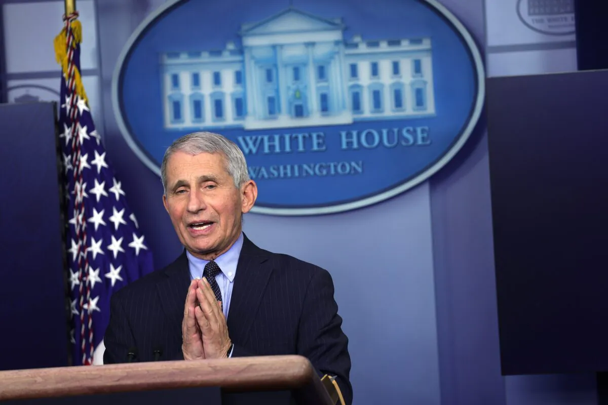 Dr. Anthony Fauci, director of the National Institute of Allergy and Infectious Diseases, speaks during a White House press briefing at the James Brady Press Briefing Room of the White House in Washington on Jan. 21, 2021. (Alex Wong/Getty Images)
