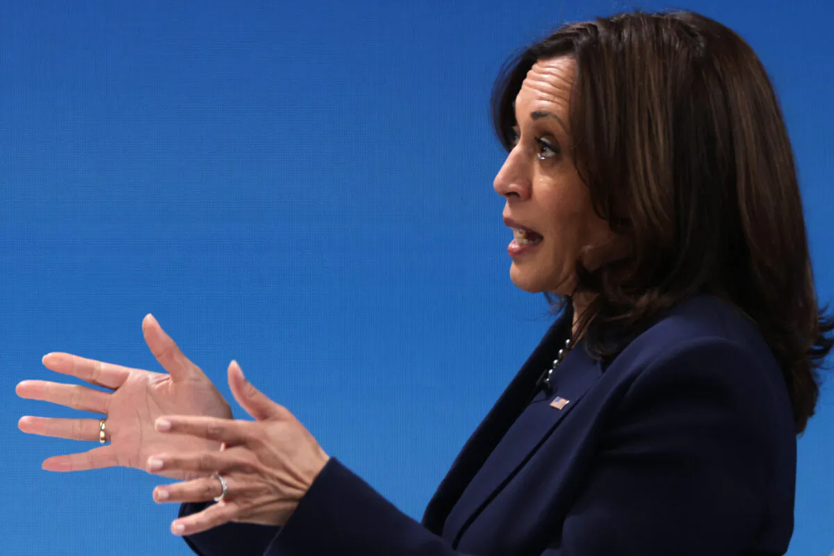 Vice President Kamala Harris speaks during a virtual listening session at the South Court Auditorium at Eisenhower Executive Office Building in Washington on Feb. 10, 2021. (Alex Wong/Getty Images)