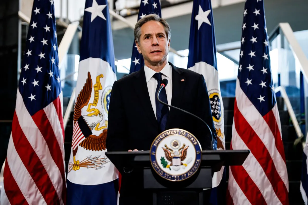 Secretary of State Antony Blinken speaks during a welcome ceremony at the State Department in Washington, on Jan. 27, 2021. (Carlos Barria/Pool/AFP via Getty Images)