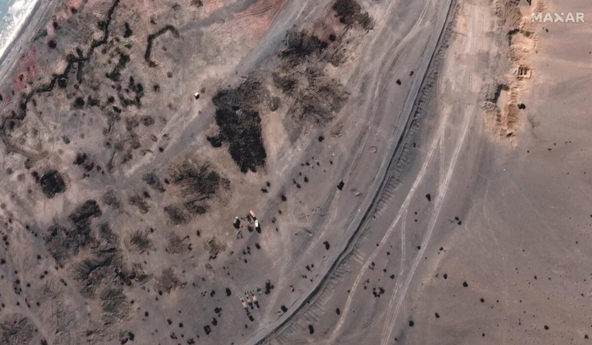 Close up of revetments and storage areas removed along an area known as Finger 6, at Pangong Tso, in this handout satellite image provided by Maxar dated Feb. 16, 2021. (Satellite image (copyright) 2021 Maxar Technologies/Handout via Reuters)