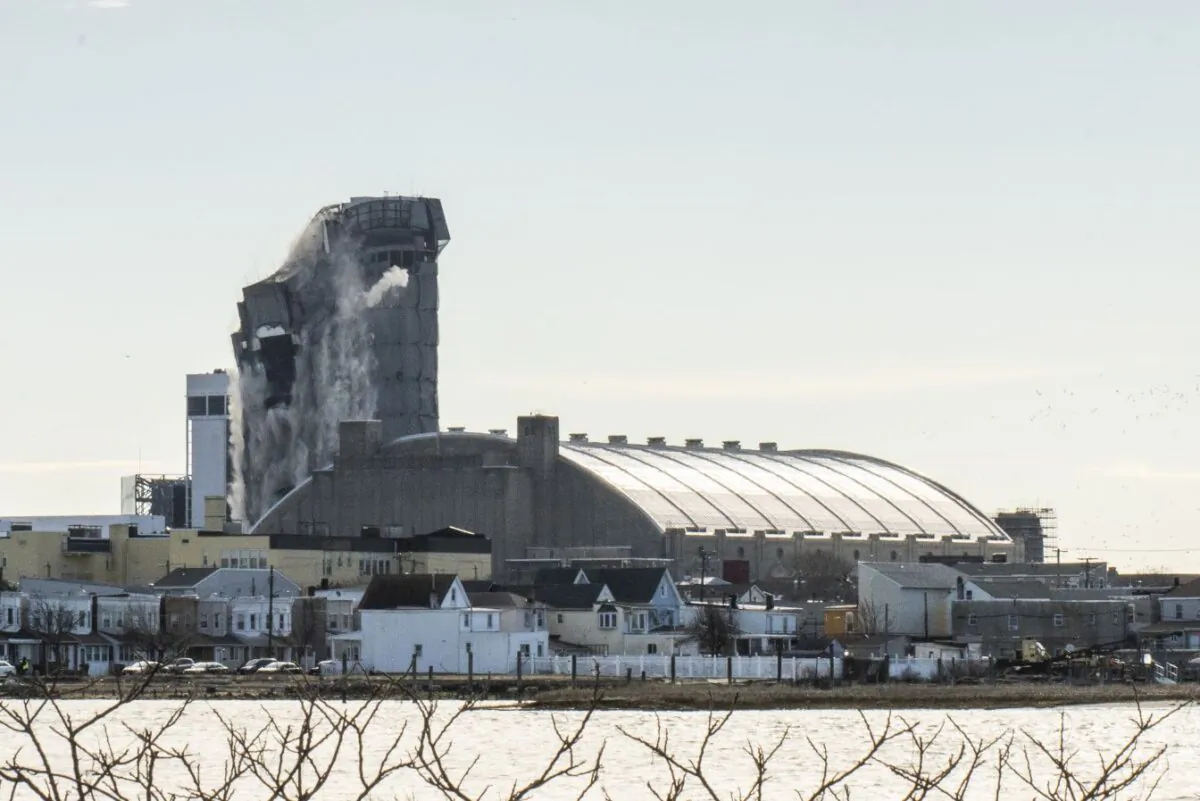 The former Trump Plaza hotel and casino is imploded in Atlantic City, N.J., on Feb. 17, 2021. (Eduardo Munoz Alvarez/Getty Images)