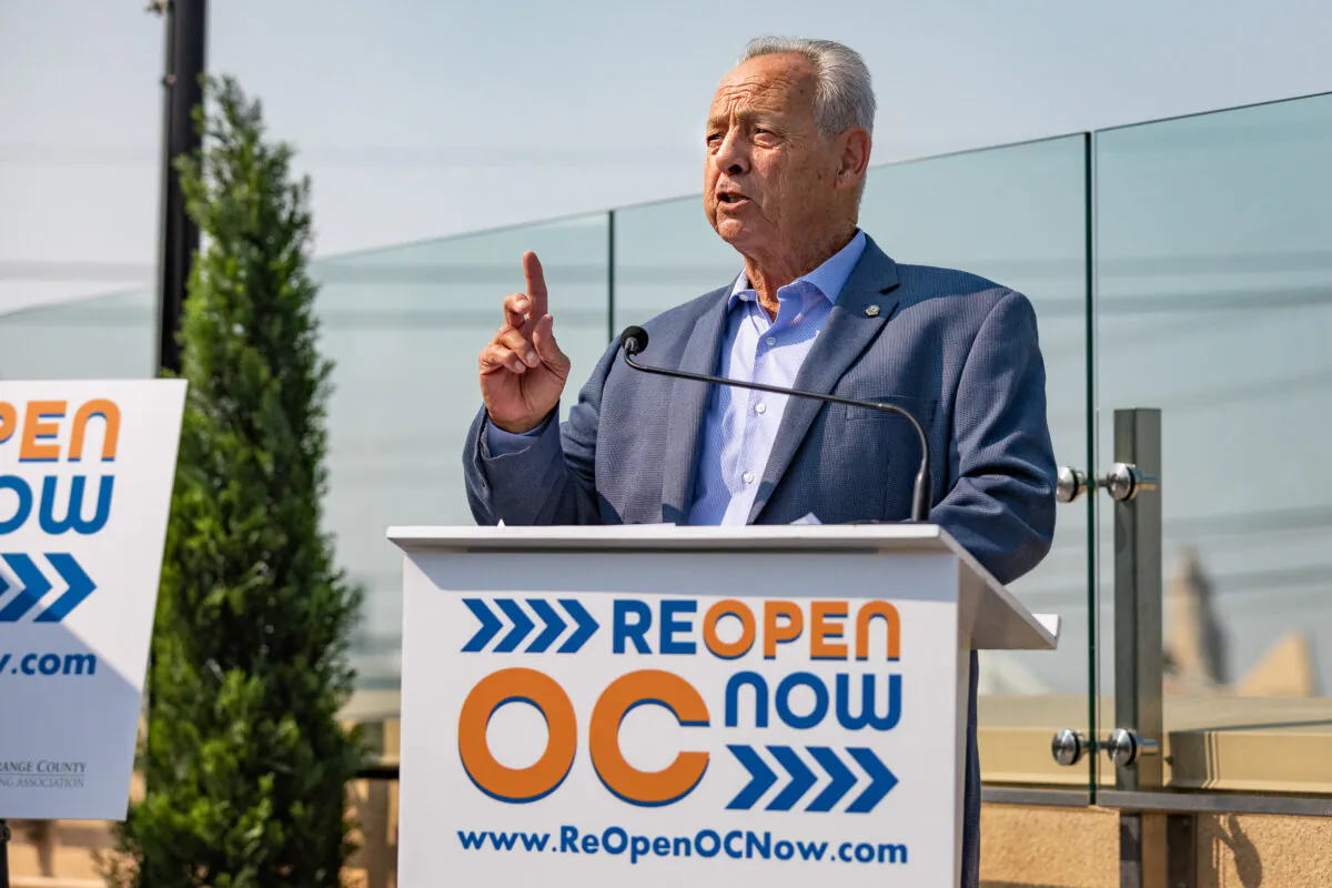 Mayor of Buena Park Fred Smith spoke a broadcasted event on September 16, 2020, urging Governor of California Gavin Newsom to reopen themeparks in Orange County. (John Fredricks/The Epoch Times)