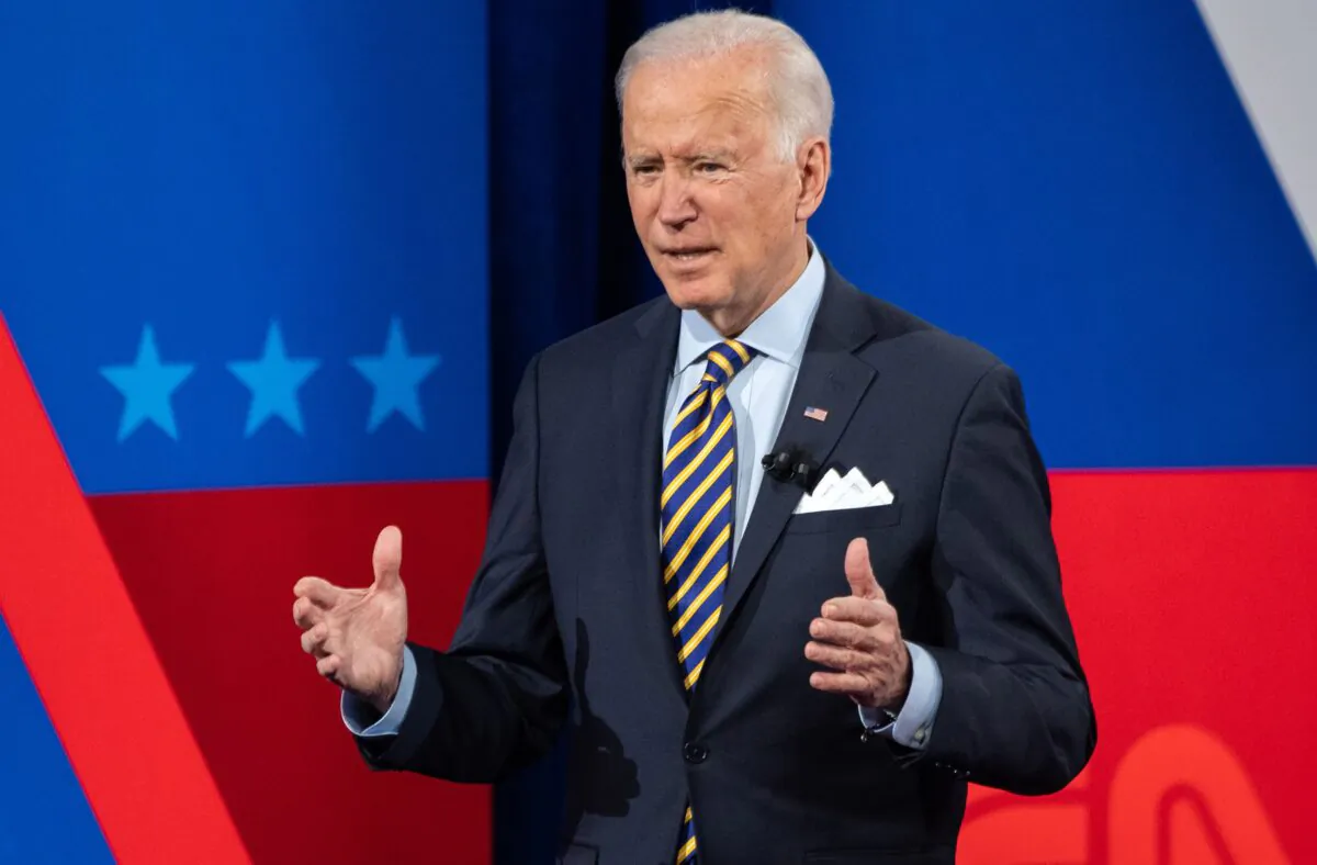President Joe Biden participates in a CNN town hall at the Pabst Theater in Milwaukee, Wis., Feb. 16, 2021. (Saul Loeb/AFP via Getty Images)