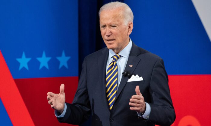 President Joe Biden participates in a CNN town hall at the Pabst Theater in Milwaukee, Wis., Feb. 16, 2021. (Saul Loeb/AFP via Getty Images)