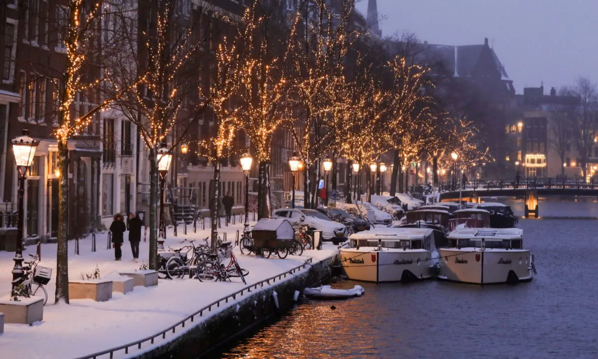 Canals are seen after heavy snowfall in Amsterdam, Netherlands, on Feb. 7, 2021. (Eva Plevier/Reuters)
