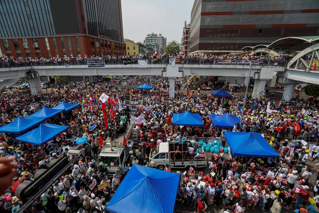 Demonstrators of different ethnic groups gather during a protest against the military coup in Yangon, Myanmar on Feb. 18, 2021. Demonstrators against Myanmar’s military takeover returned to the streets Thursday after a night of armed intimidation by security forces in the country’s second biggest city. (AP Photo)