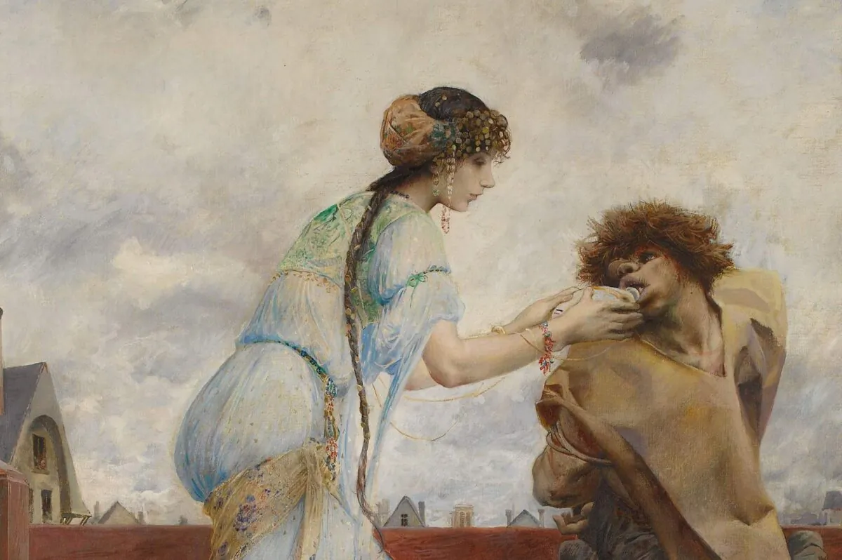 Beautiful Esmeralda gives ugly Quasimodo a gift: his first taste of compassion. (Public Domain)