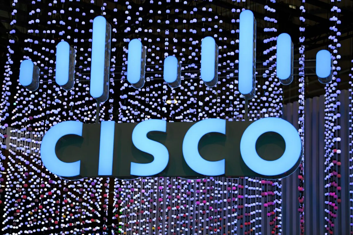 The Cisco Systems logo is displayed at the Mobile World Congress (MWC) in Barcelona, Spain on Feb. 25, 2019. (Gabriel Bouys/AFP via Getty Images)