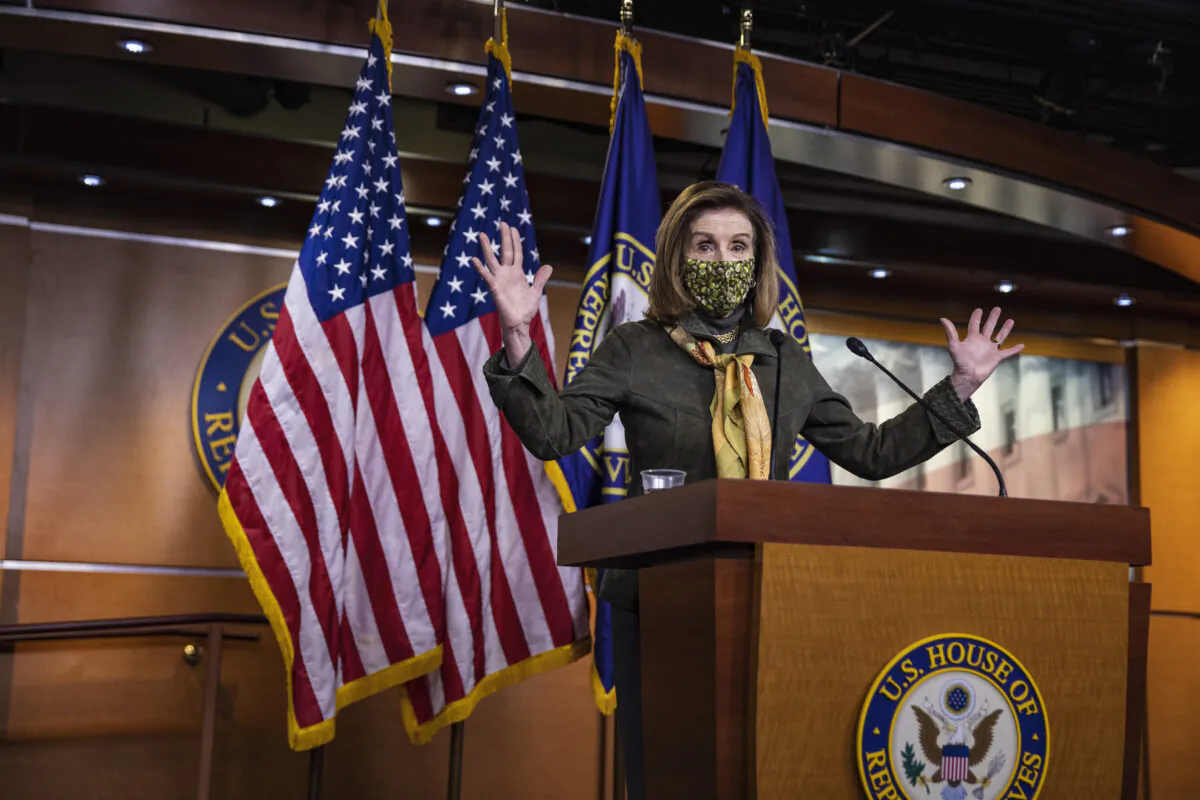 U.S. Speaker of the House Rep. Nancy Pelosi (D-Calif.) speaks at a weekly news conference at the U.S. Capitol in Washington, on Feb. 18, 2021. (Tasos Katopodis/Getty Images)