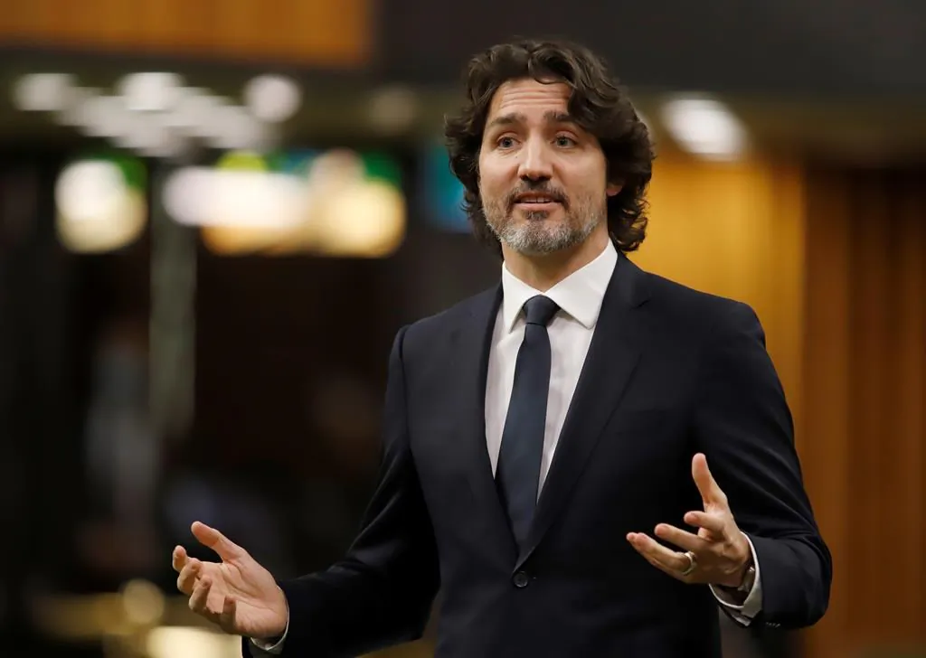 Prime Minister Justin Trudeau rises during question period in the House of Commons in Ottawa on Feb. 16, 2021. (Patrick Doyle / The Canadian Press)